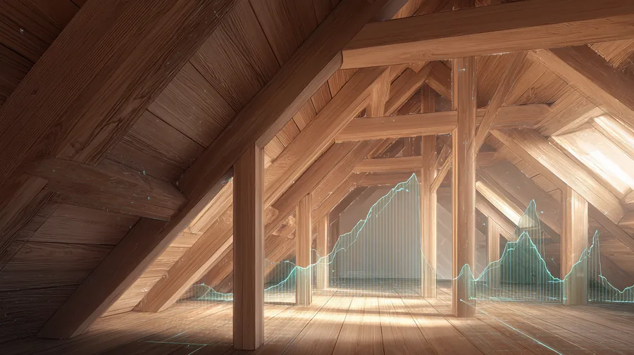 Interior of a timber roof truss with a moisture data curve overlaid